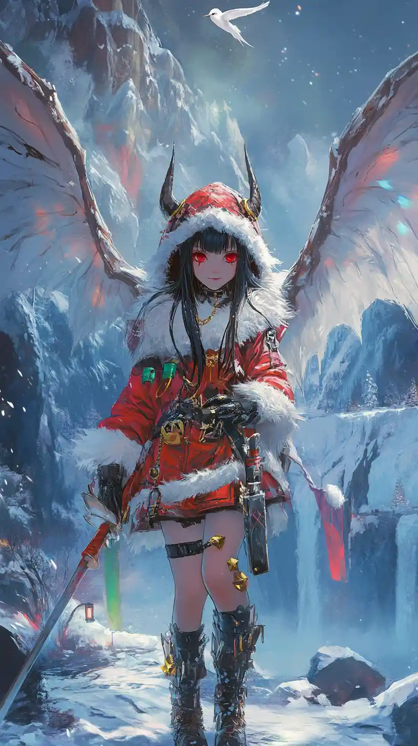 Dragon winged girl with sword by waterfall and tent