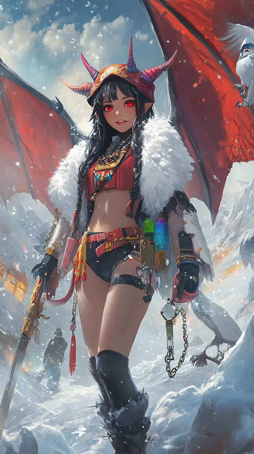 Dragon winged girl with sword by waterfall and tent