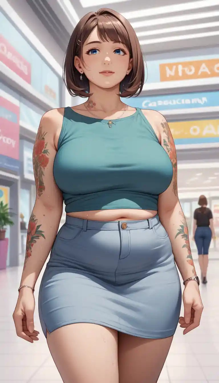 Anime woman in a casual colorful outfit at the mall