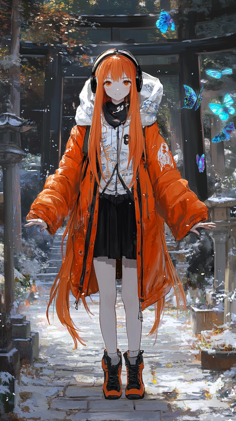 Ragazza anime con cappotto invernale arancione, cuffie e mascherina