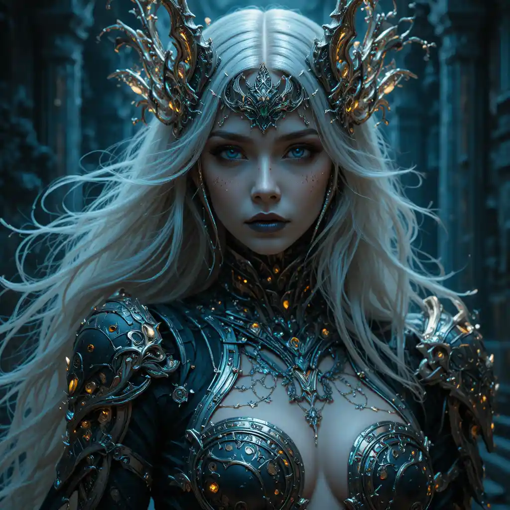 Donna gotica in armatura cyber in un ritratto fantasy oscuro e luminoso