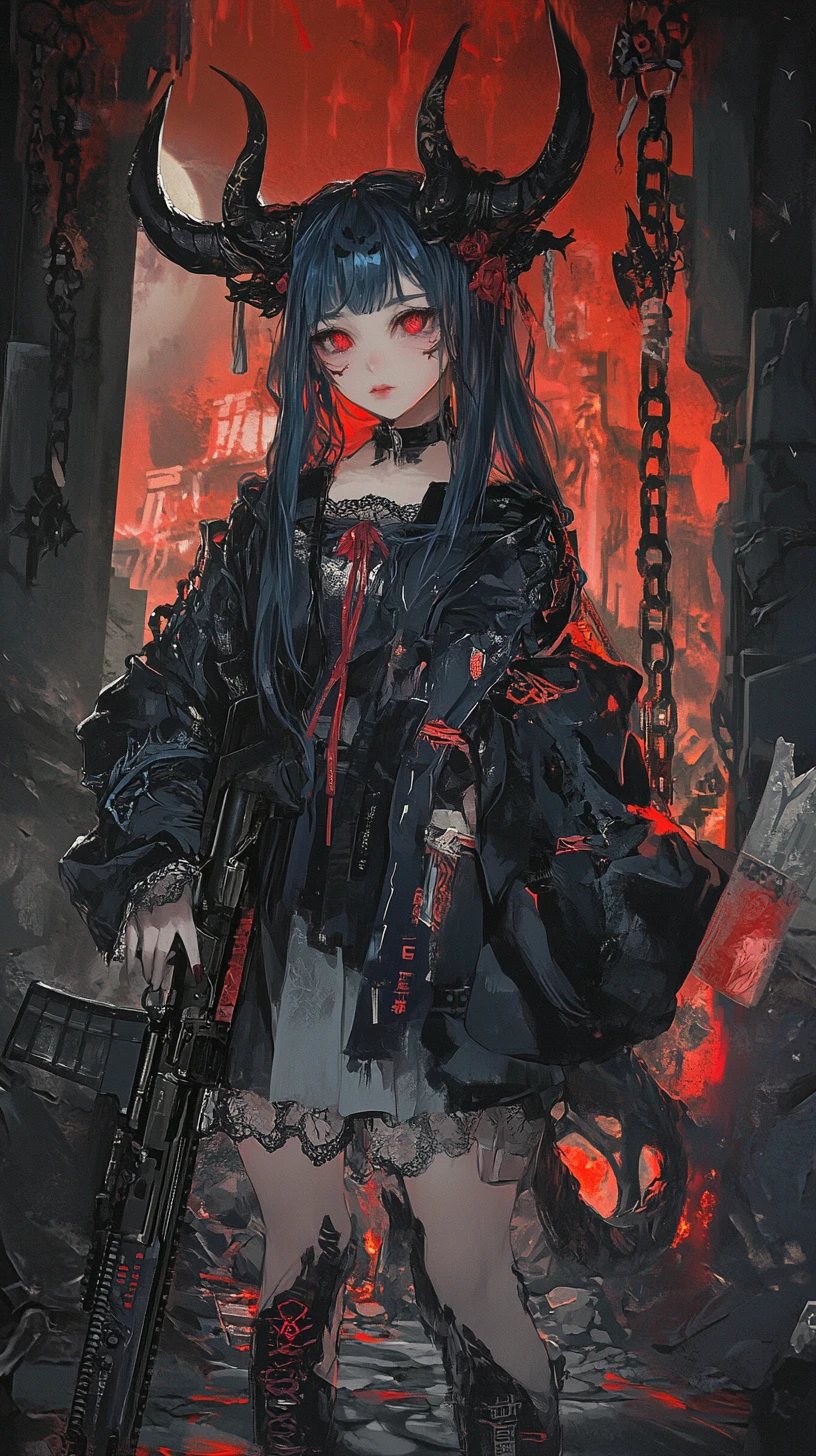Garota de anime com rifle em uma zona de guerra urbana e sombria