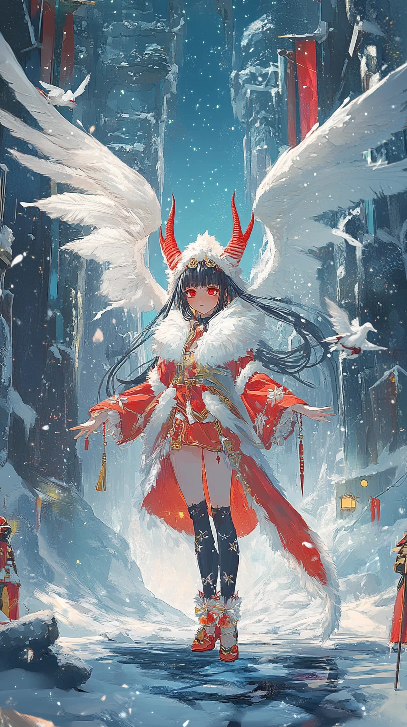 Dragon winged girl with sword by waterfall and tent