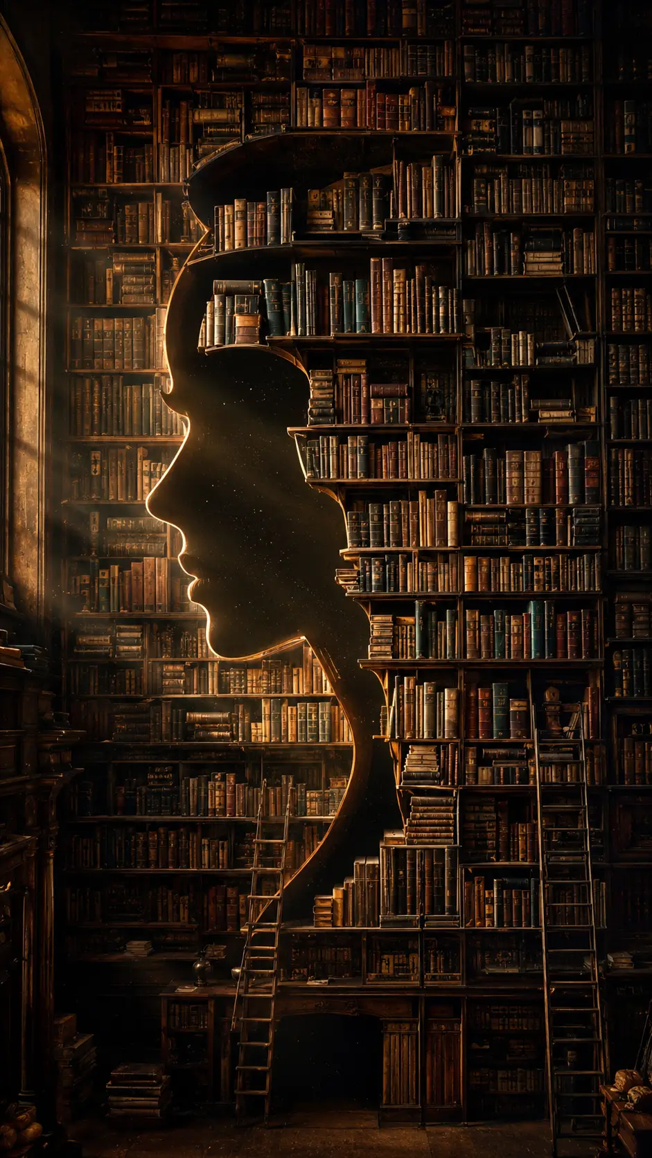 Scaffali di una biblioteca antica che formano il profilo di una donna nell’ombra