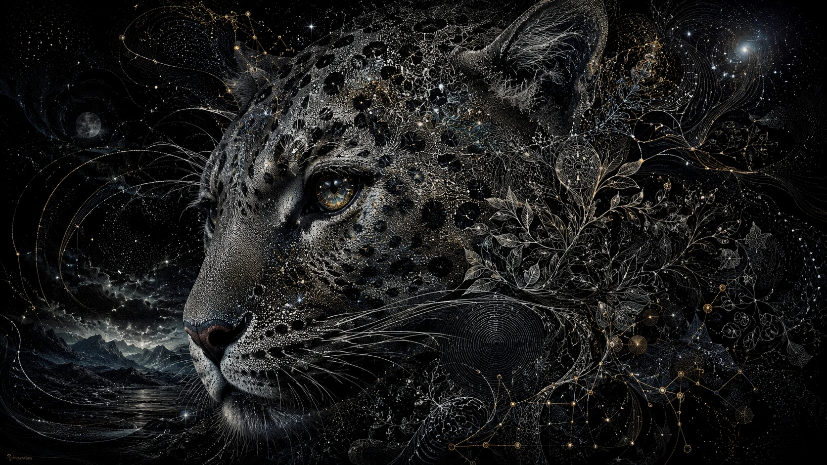 Ritratto surreale di animale cosmico che emerge dalla profonda oscurità