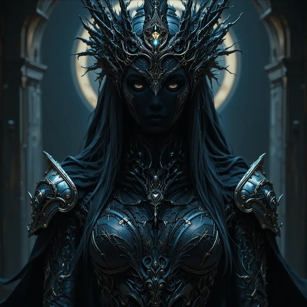 Déesse gothique cybernétique en armure, aux cheveux flottants et ombres profondes