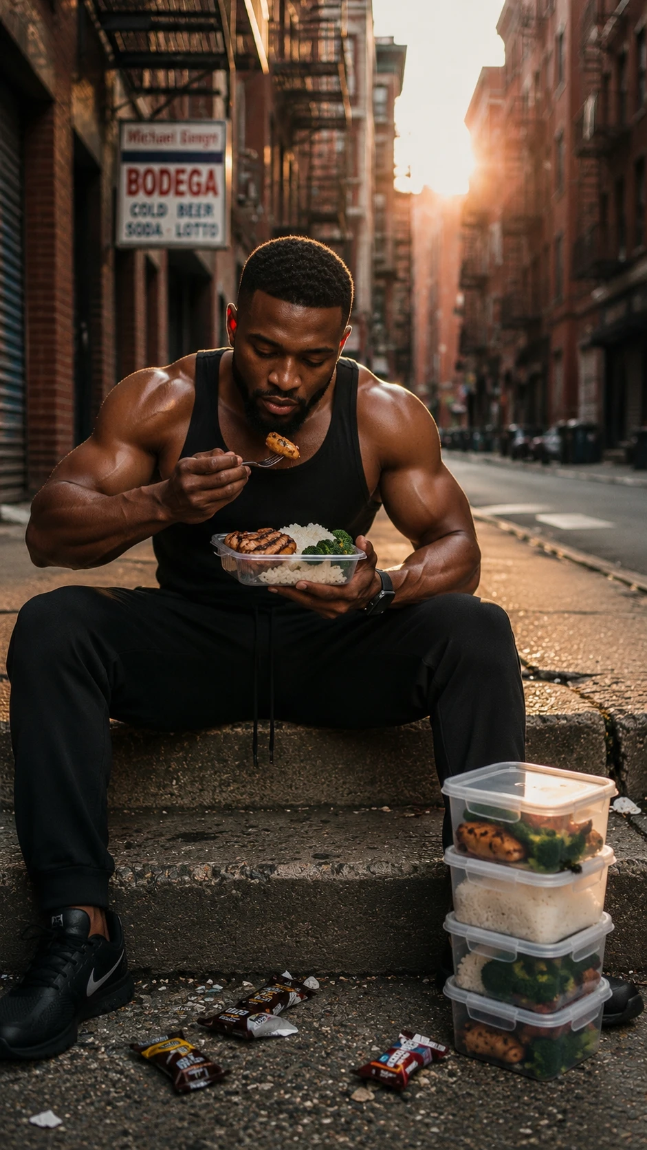 Uomo atletico che mangia meal prep sui gradini di cemento in città