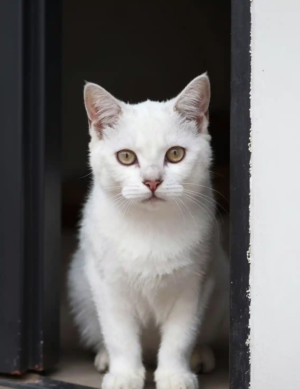 暗い扉のすき間からこちらをのぞく白い子猫のクローズアップ