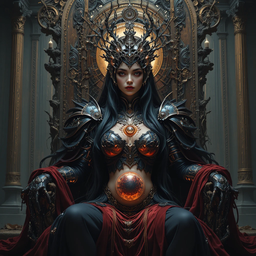 Deusa mãe sombria em armadura cyber gótica ornamentada