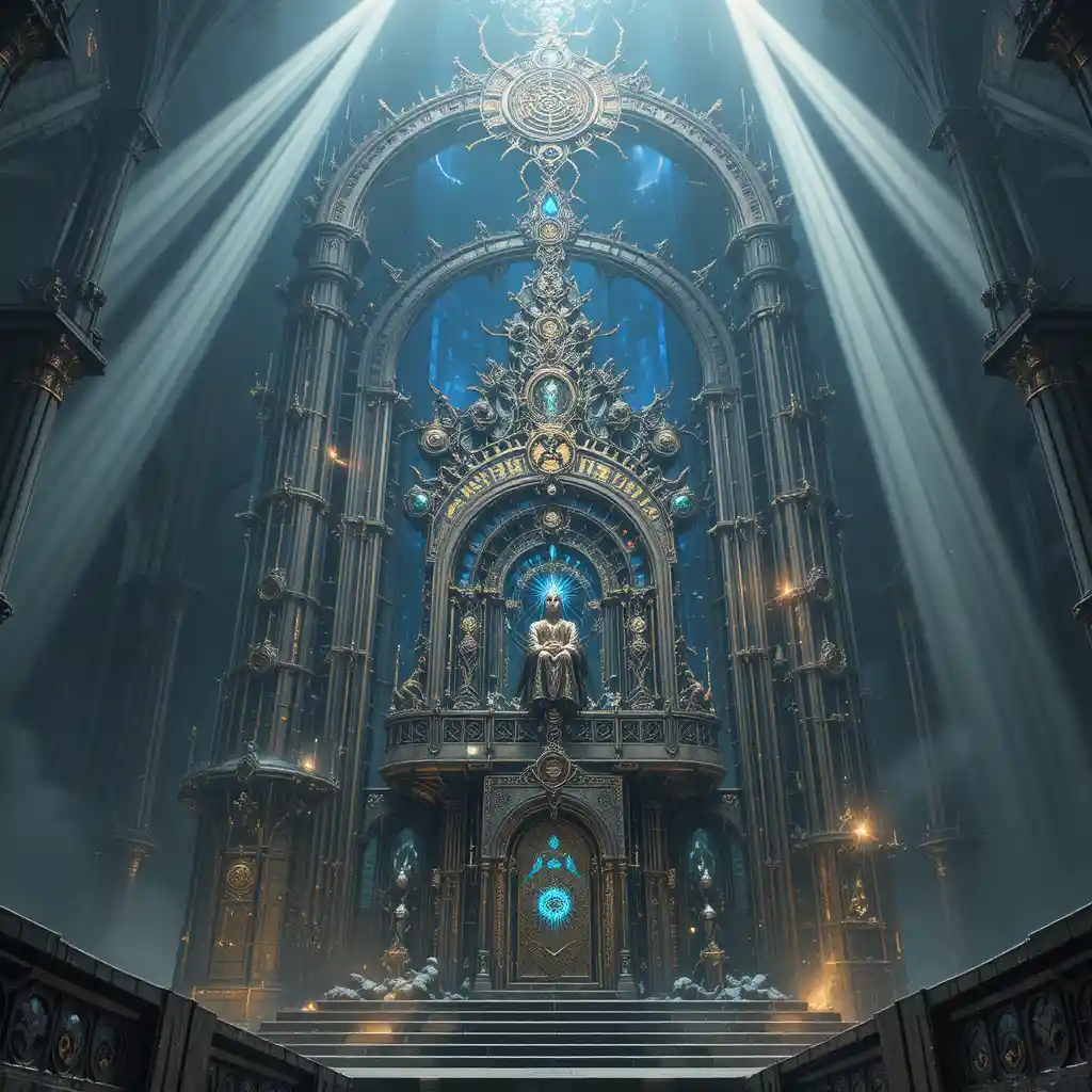 Divinité mécanique mythique dans une cathédrale techno-gothique sacrée
