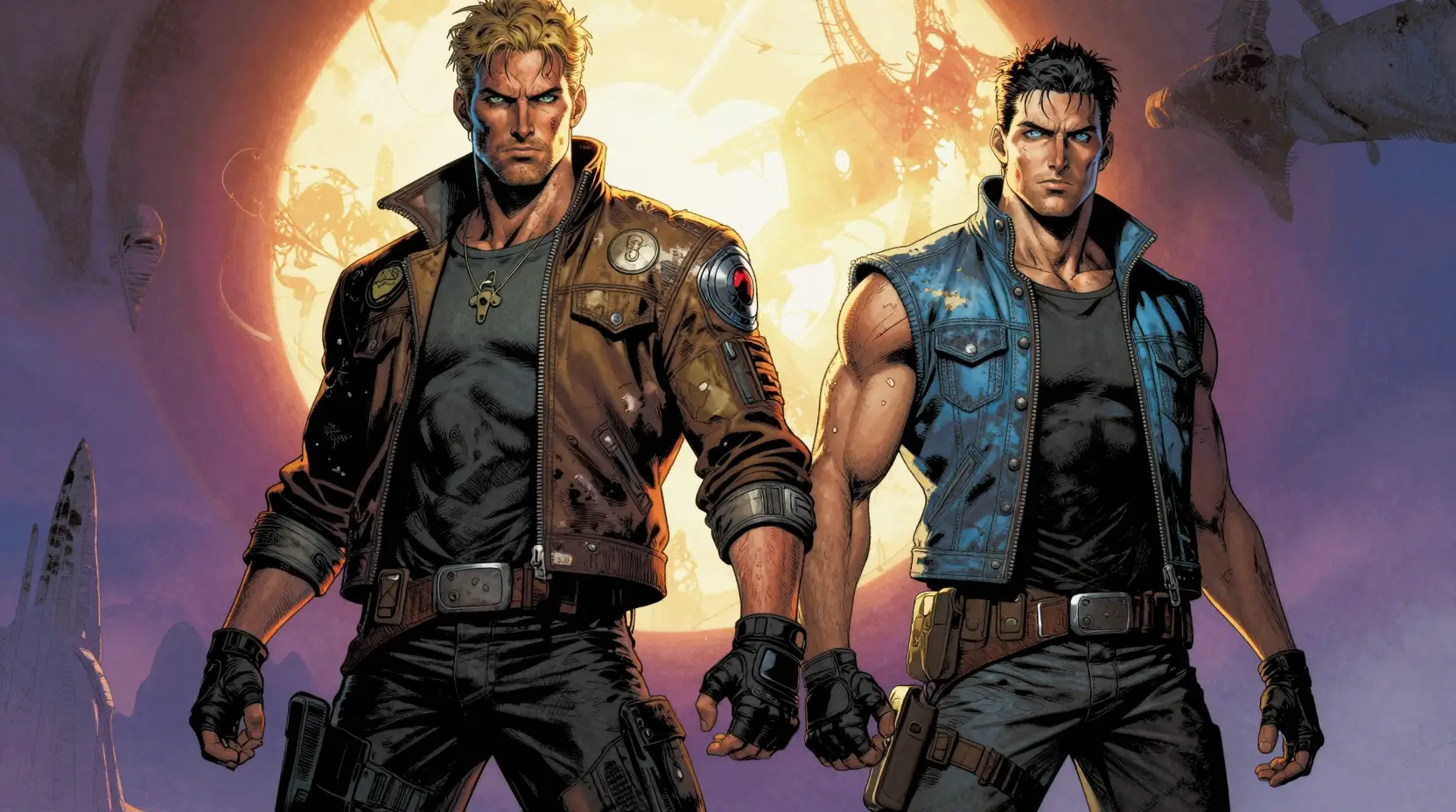 Dos rudos aventureros espaciales en estilo novela gráfica