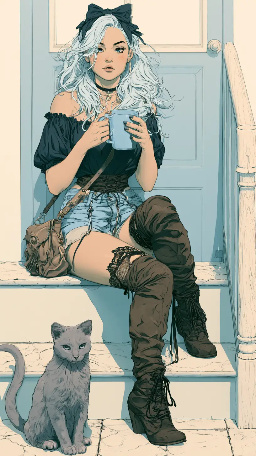 Glamorous woman with cat enjoying morning coffee