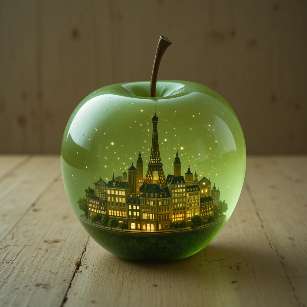 Transparenter grüner Apfel, der mit winzigen Lichtern von Paris leuchtet