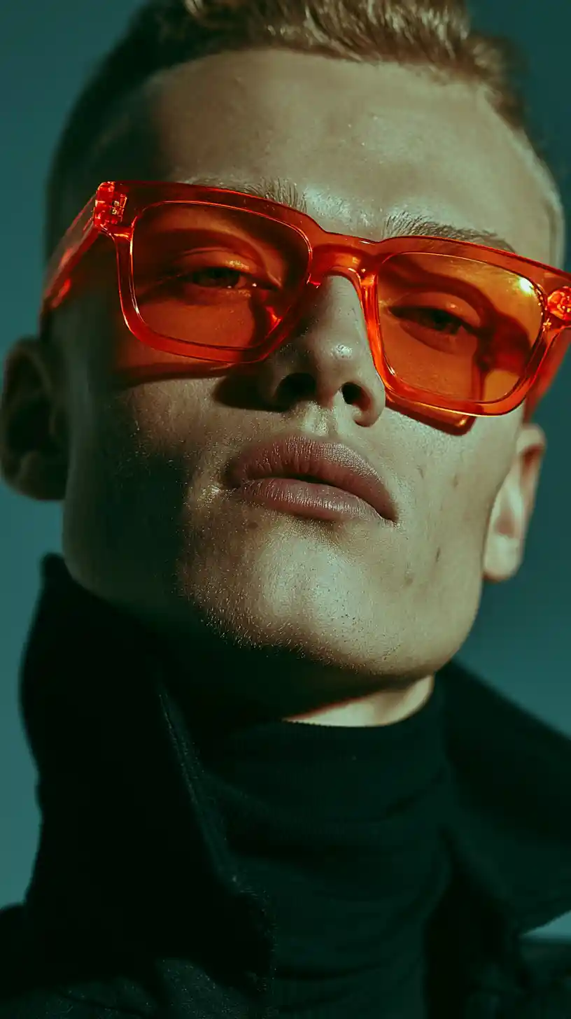 Monochrome fashion portrait with bold orange sunglasses
