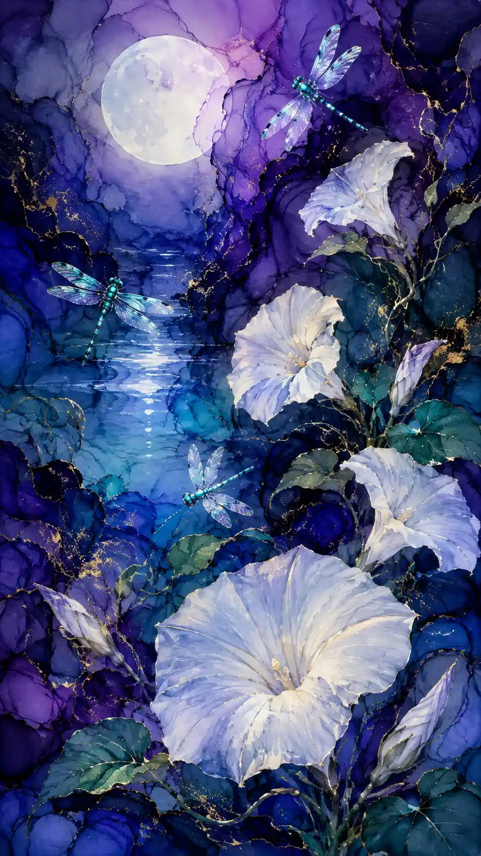 Moonlit lagoon with glowing white flowers and dragonflies