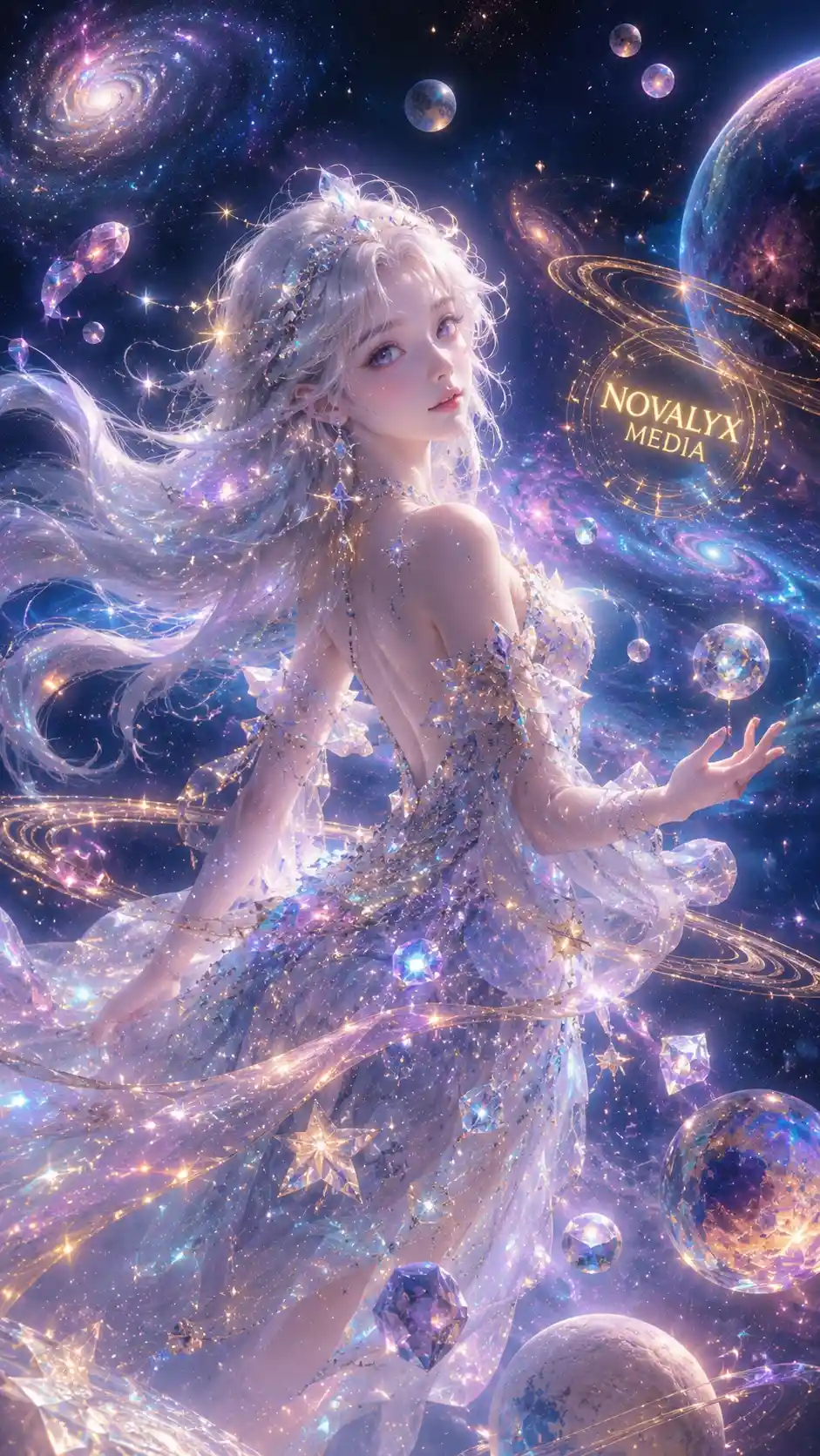 Raggiante ragazza cosmica che fluttua con grazia tra galassie lontane