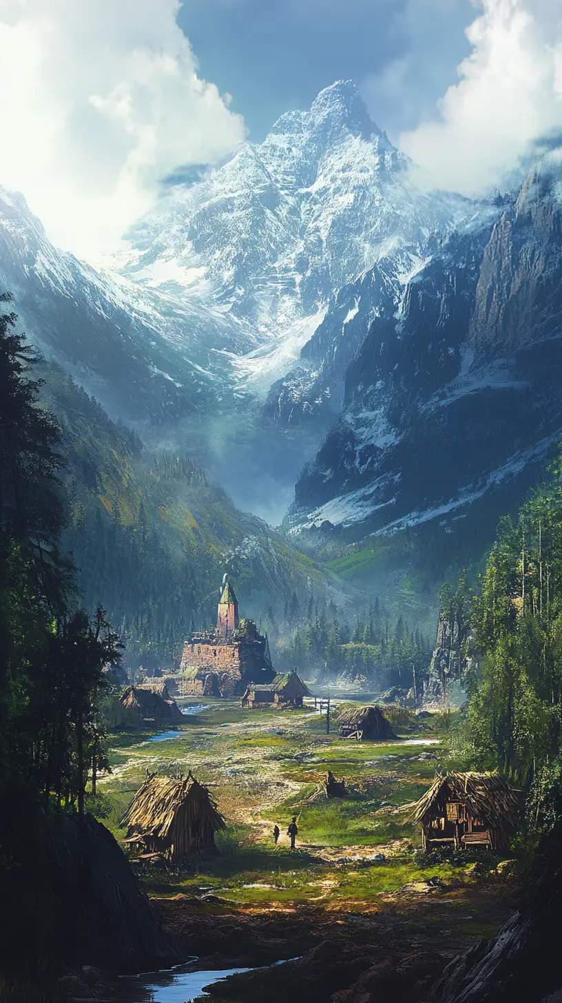Village fantastique devant des collines vertes et une chaîne de montagnes enneigée