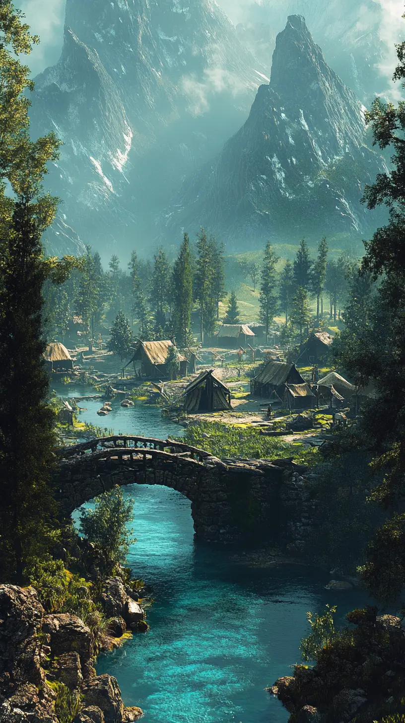 Paisible village amérindien au bord d’une rivière de montagne turquoise