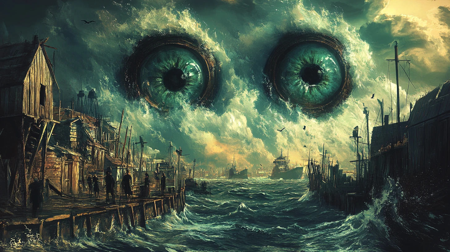 Gigantescos ojos acuáticos alzándose hacia un tranquilo pueblo costero