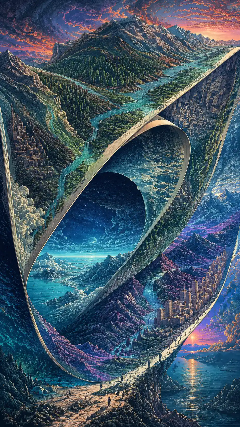 Surreal folded landscape with bending mountains and rivers