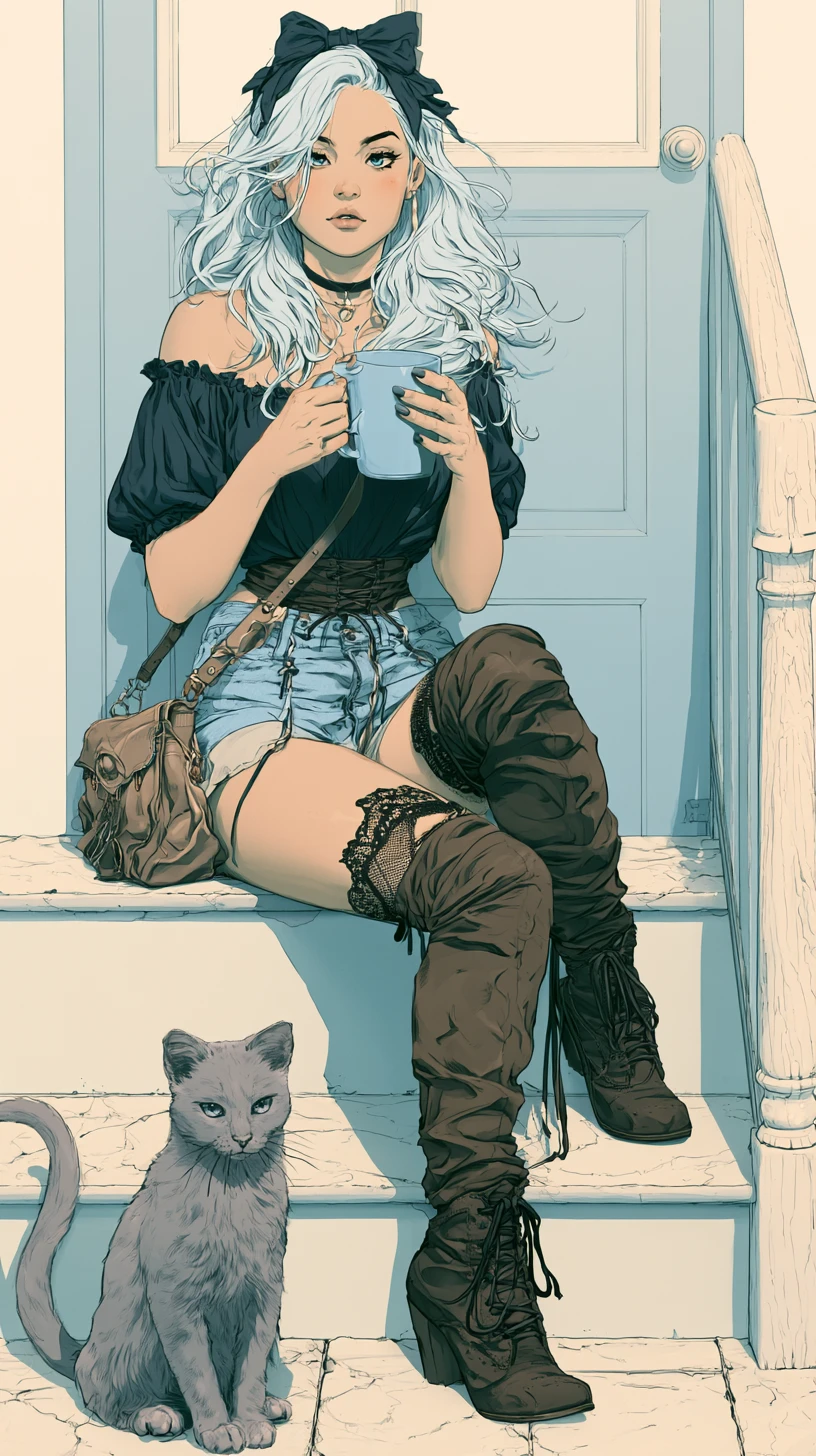 Donna glamour con gatto che si gode il caffè del mattino