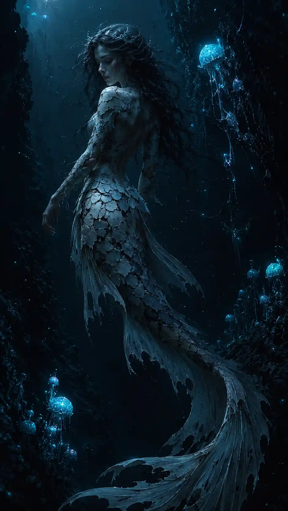 Melancholic mermaid drifting in a glowing abyssal trench