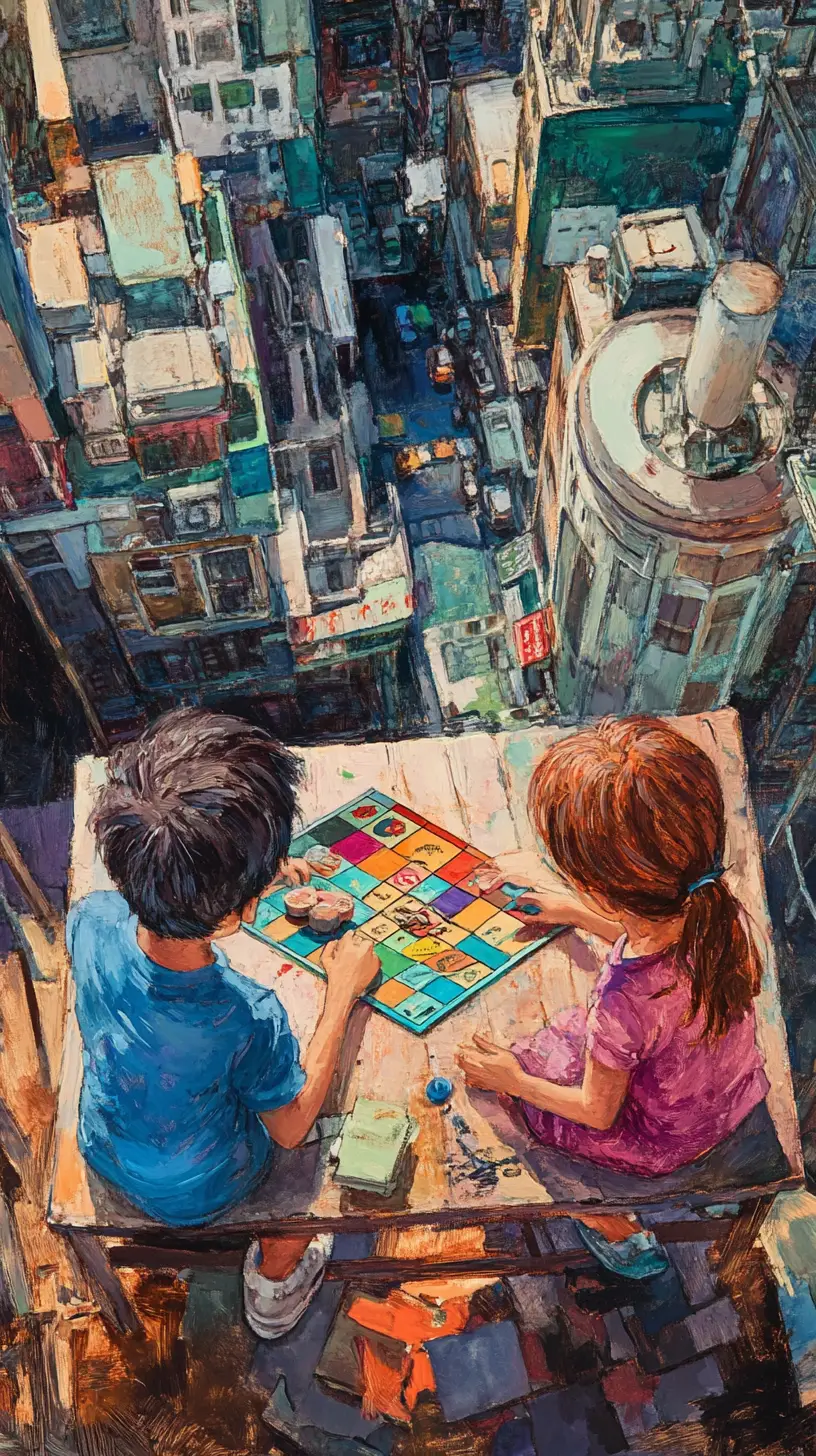 Duas crianças jogando Monopoly em uma cidade colorida de livro de histórias