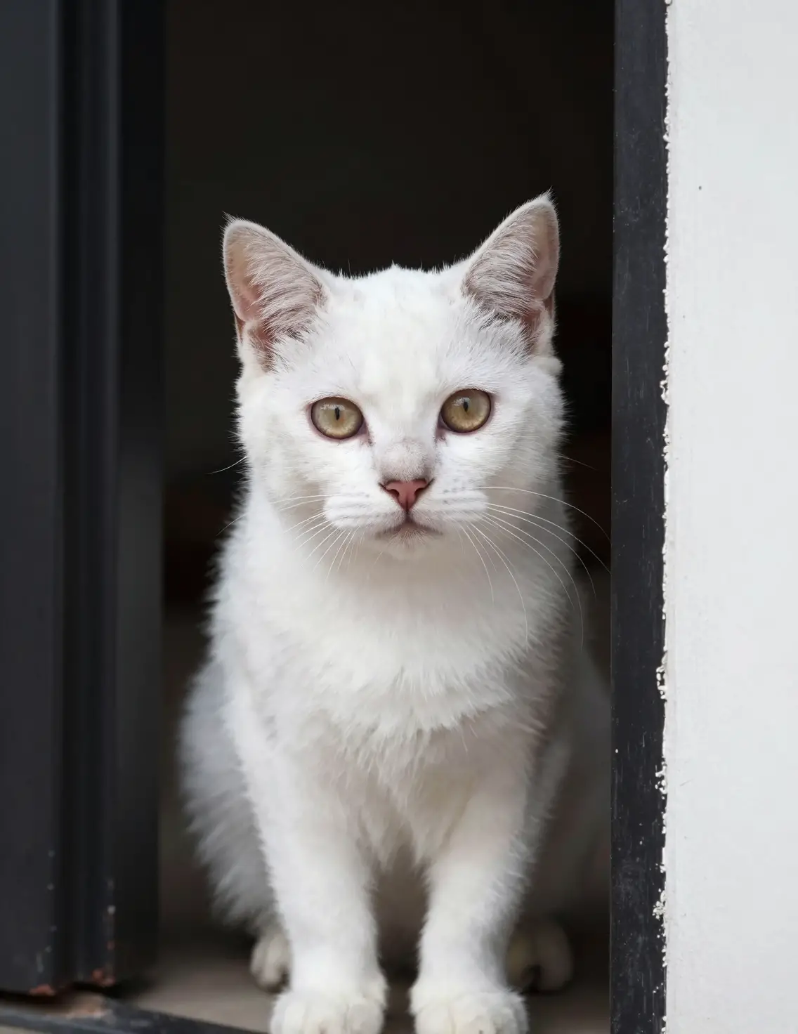 Gatito blanco asomándose desde una puerta oscura en primer plano