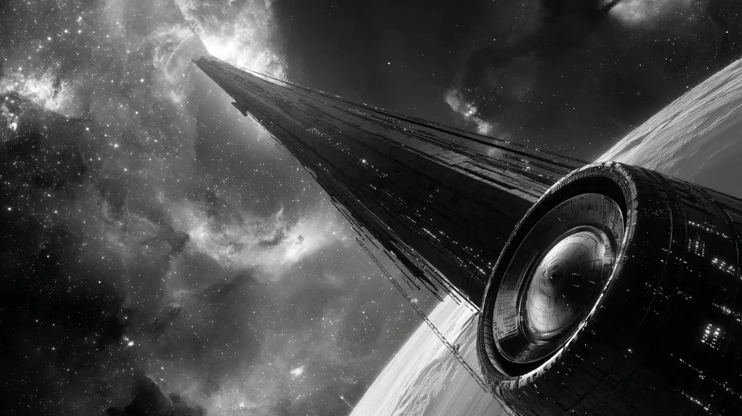 Menacing starship prow with sinister electronic eye in space