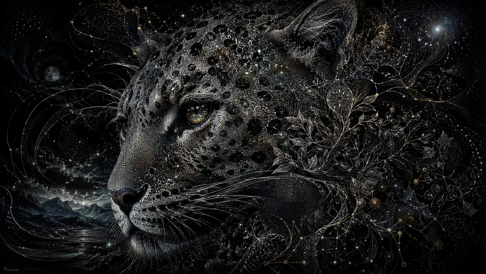 Retrato surreal de animal cósmico que emerge de la oscuridad profunda