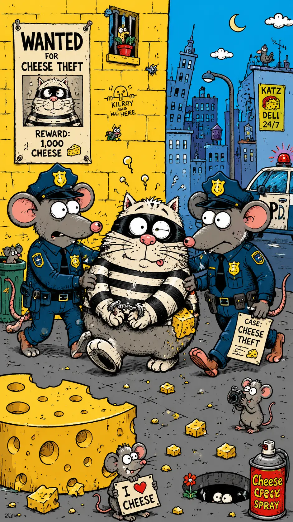 Lustiger Cartoon: Polizeimäuse verhaften eine käseklauende Katze