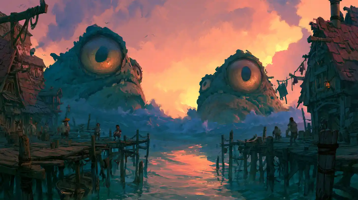 Enormes ojos de un monstruo acuático se abalanzan sobre un tranquilo pueblo costero