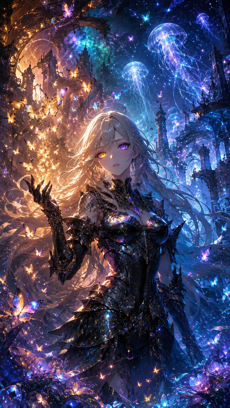 Mulher mística de anime com olhos cósmicos heterocromáticos