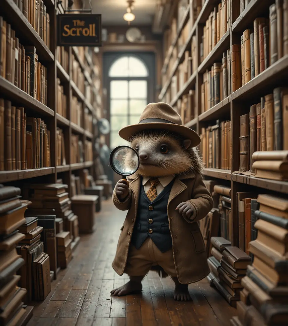 Dolce riccio detective esplora una accogliente libreria vintage