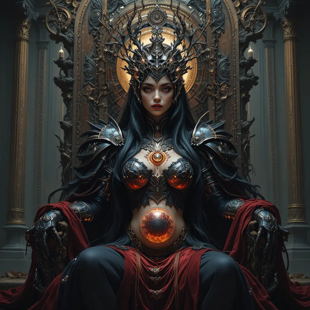 Déesse mère sombre en armure cyber gothique ornée