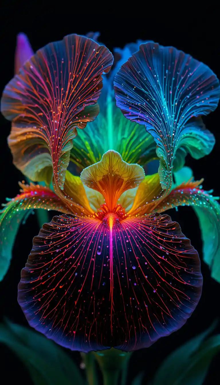 Macro primo piano di un'iride nera con venature al neon