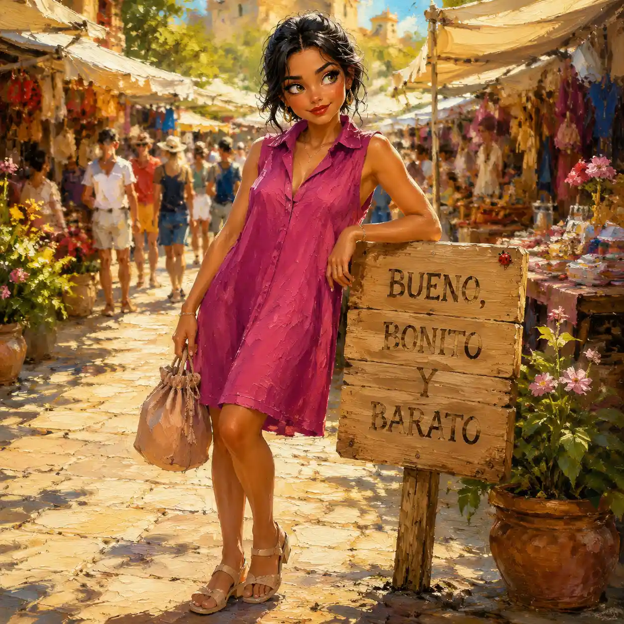 Jovem mulher de vestido violeta em um mercado ensolarado de verão