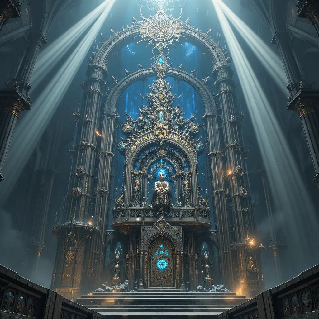 Divinité mécanique mythique dans une cathédrale techno-gothique sacrée