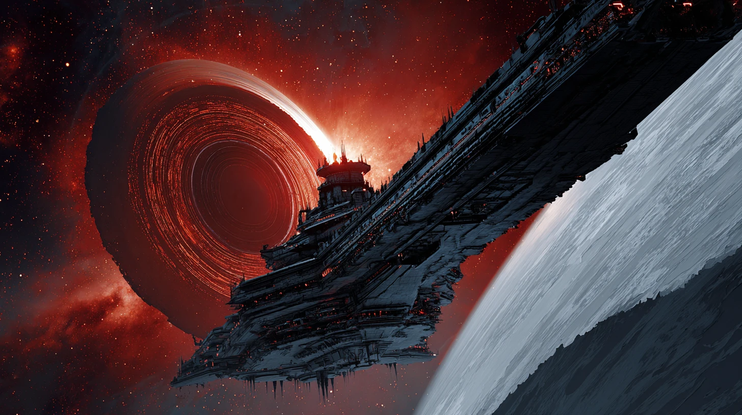 Proa ameaçadora de nave espacial com olho eletrônico no espaço profundo