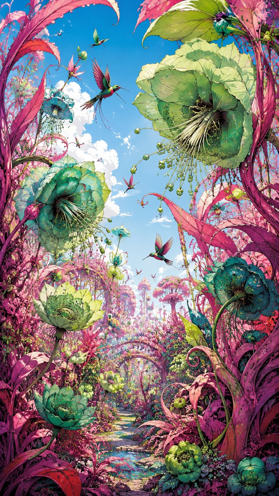 Giardino di fiori esotici con boccioli verdi e fogliame rosa