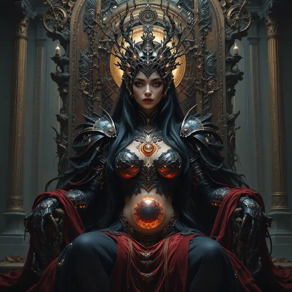 Déesse mère sombre en armure cyber gothique ornée