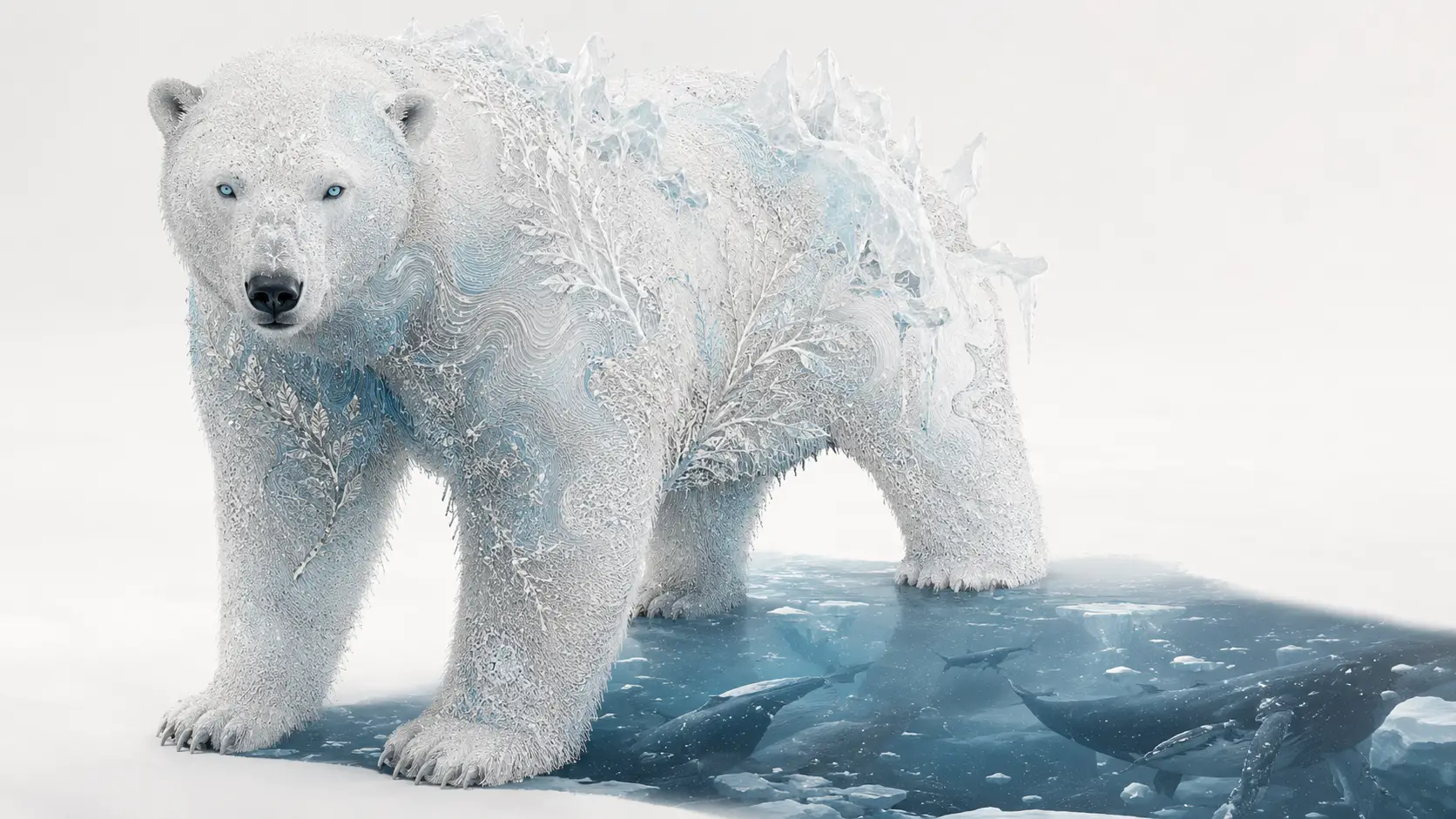 Surrealer Eisbär im minimalistischen eisweißen Negativraum