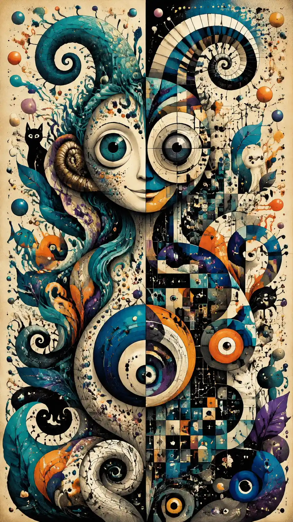 Surreal gespaltene Figur in fast symmetrischem abstraktem Design