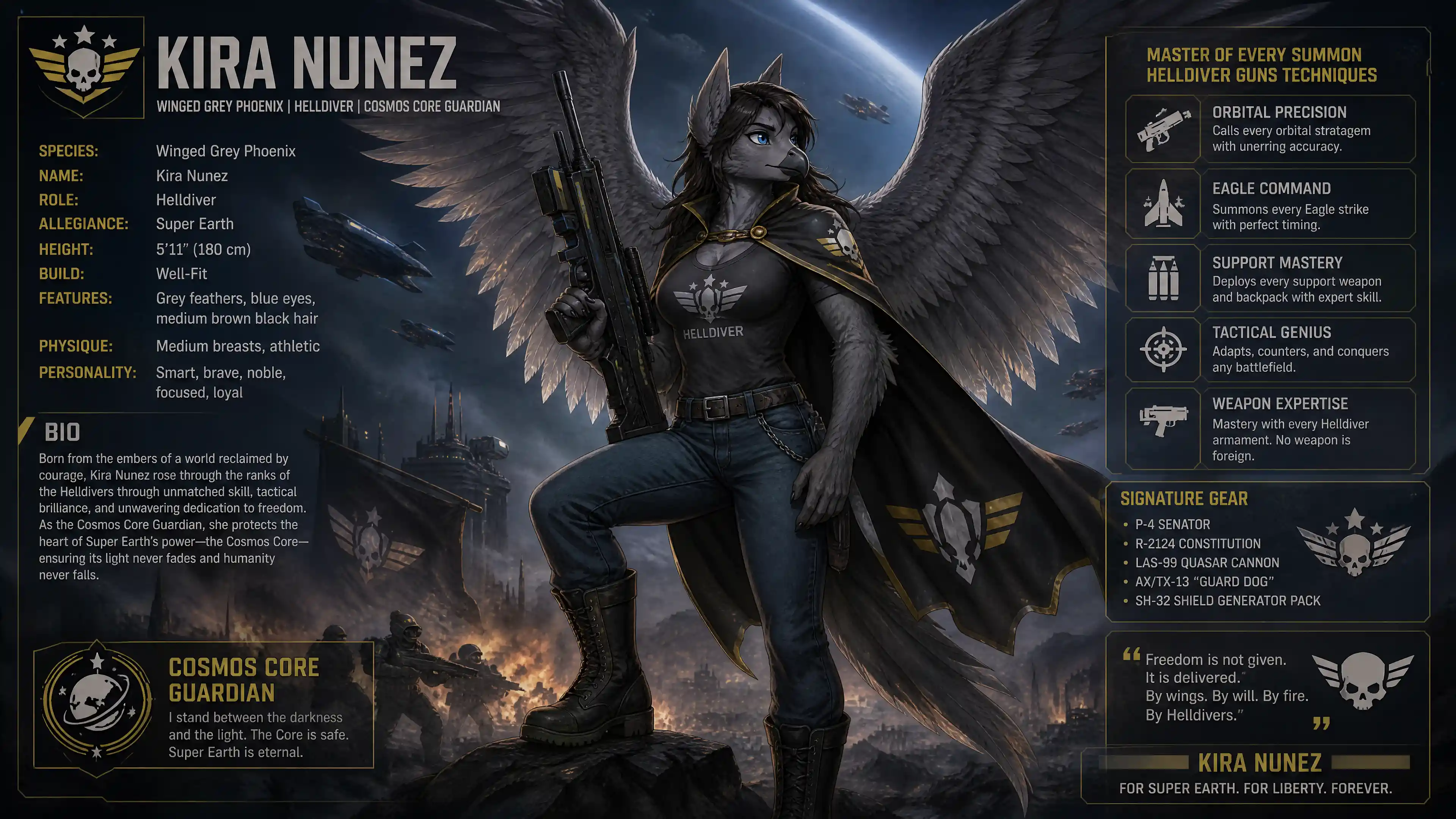 Winged phoenix woman hero in cape and casual clothes