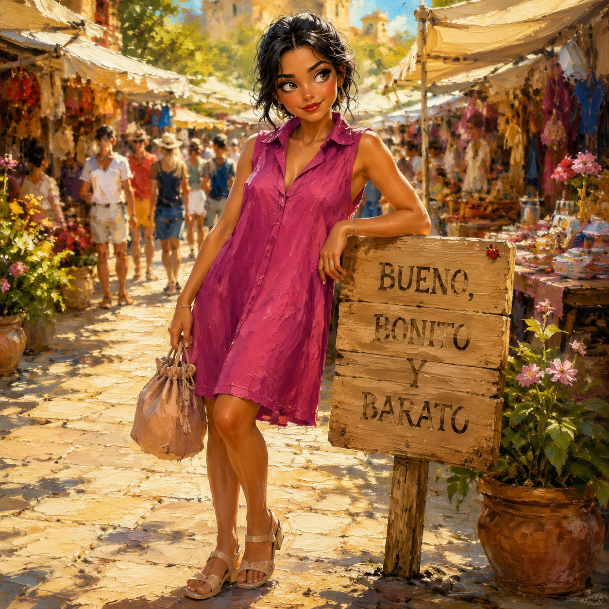 Jeune femme en robe violette dans un marché d’été ensoleillé