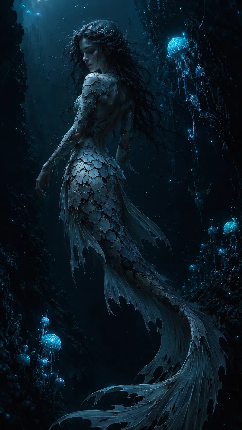 在發光深淵海溝中漂流的憂鬱美人魚