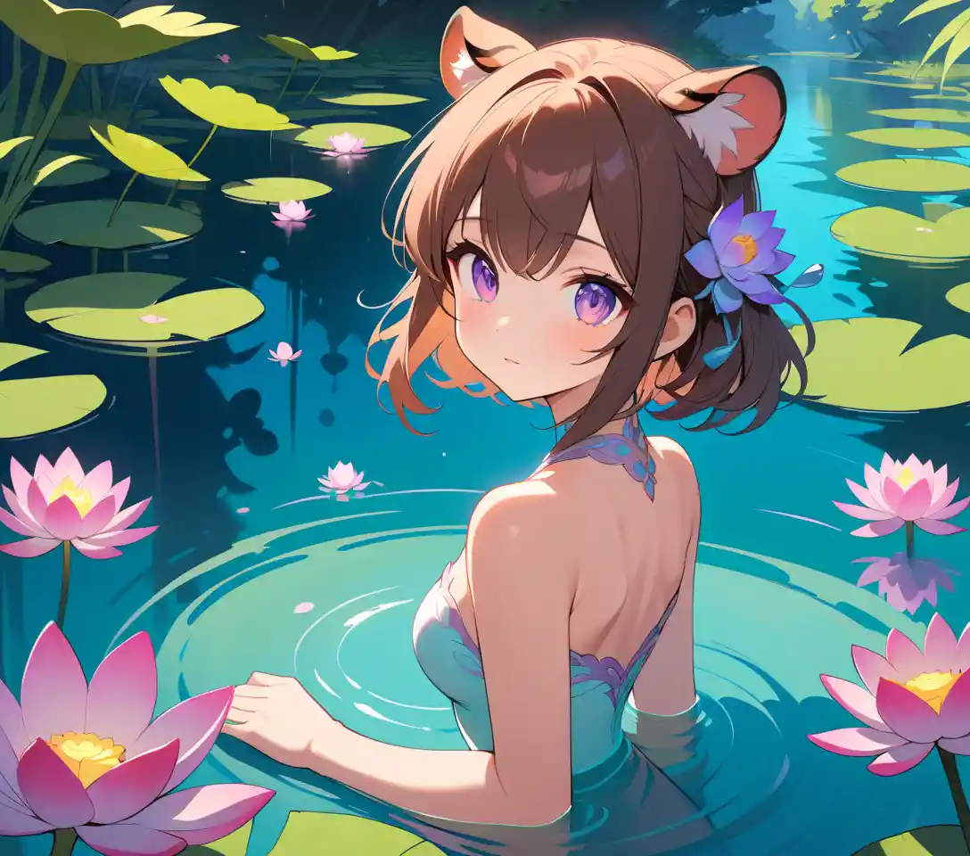 Tiger eared woman sitting peacefully on a lotus pond