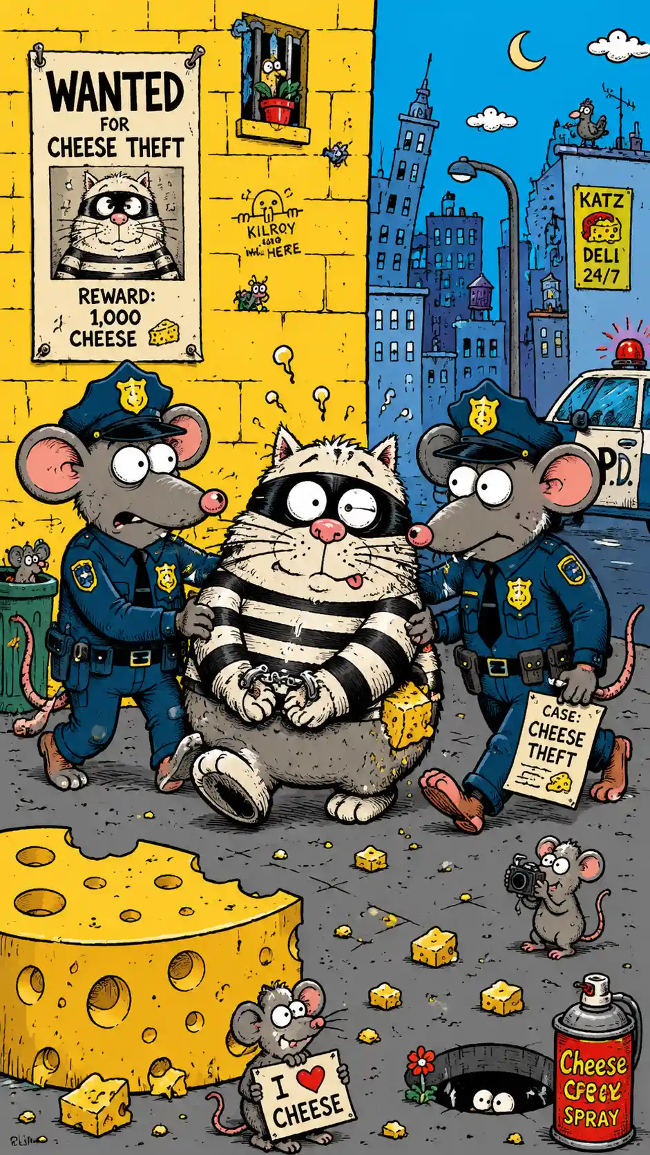 Lustiger Cartoon: Polizeimäuse verhaften eine käseklauende Katze