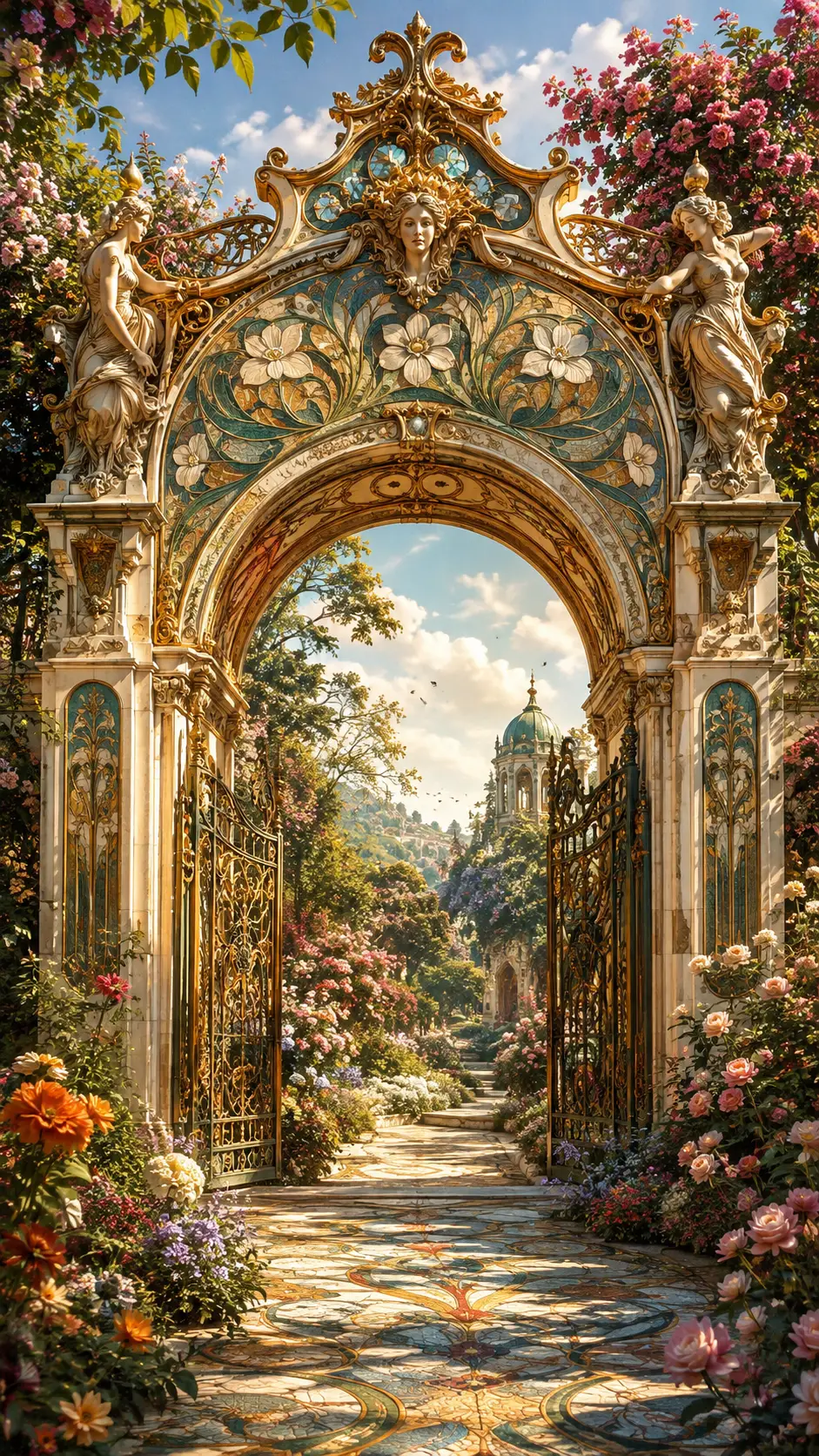 Decorative archway in a lush garden of colorful flowers