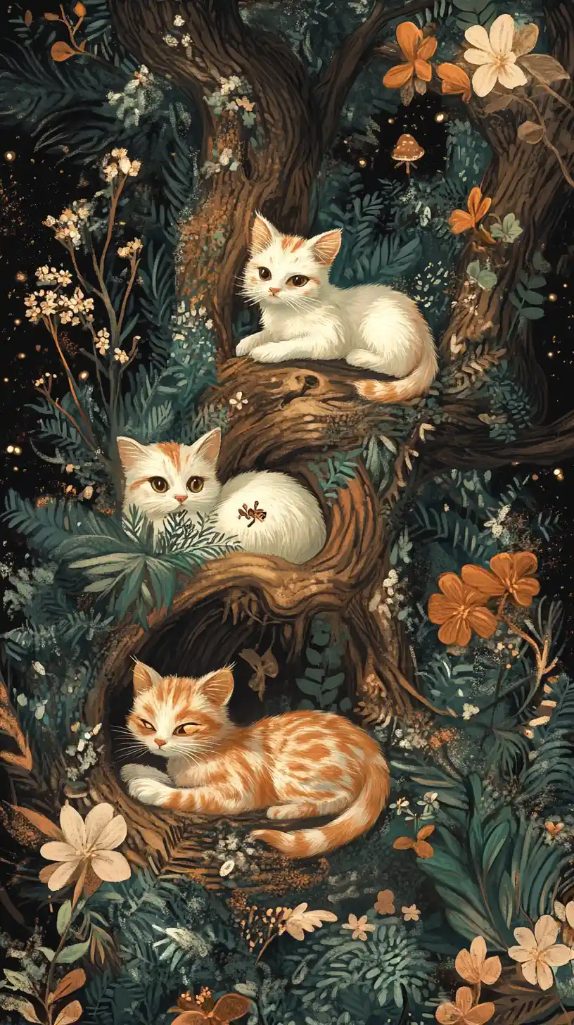 Gattini giocherelloni esplorano una ricca illustrazione del bosco
